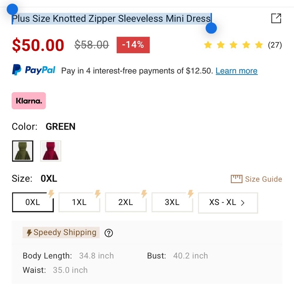 Plus Size Knotted Zipper Sleeveless Mini Dress 2XL CC11-20 - Picture 4 of 7